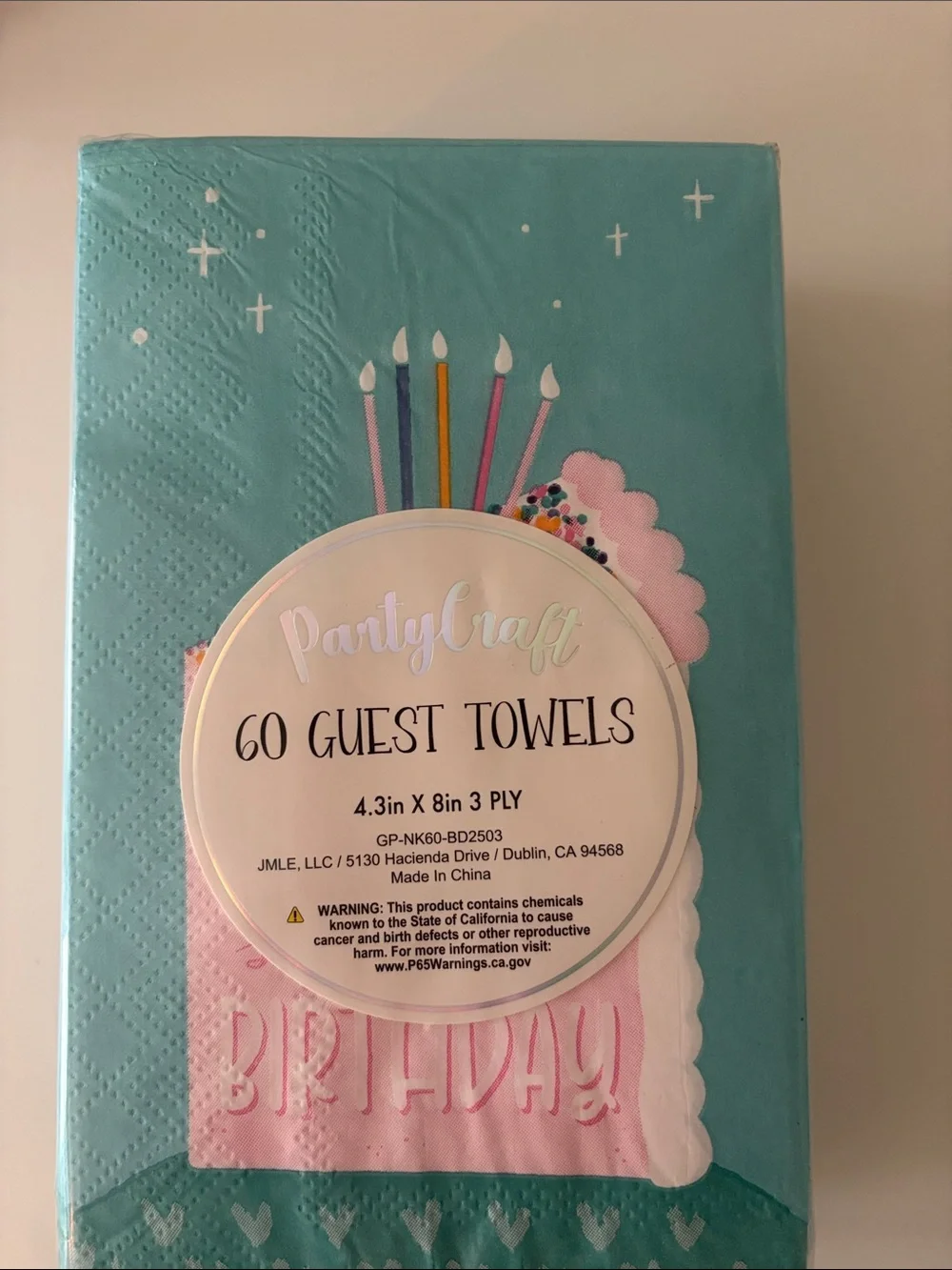 60 Guest Towels Super Sweet Birthday Cake - New in Package - Teal and Pink